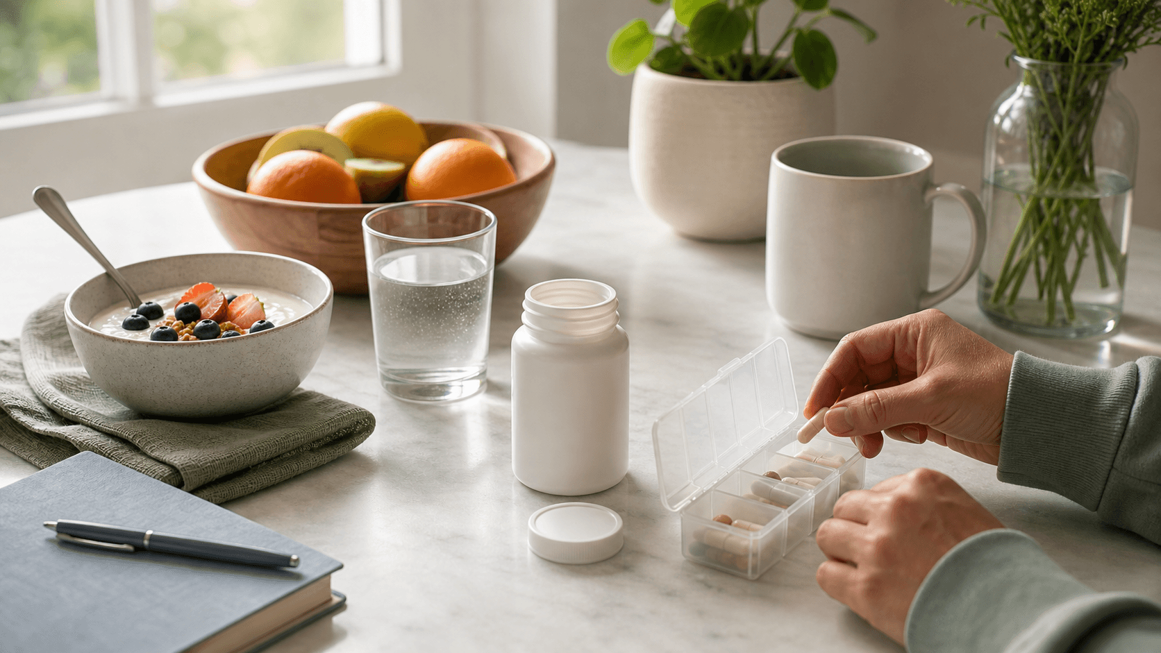 Breakfast table with yogurt, fruit, water, pill organizer, and unbranded probiotic bottle