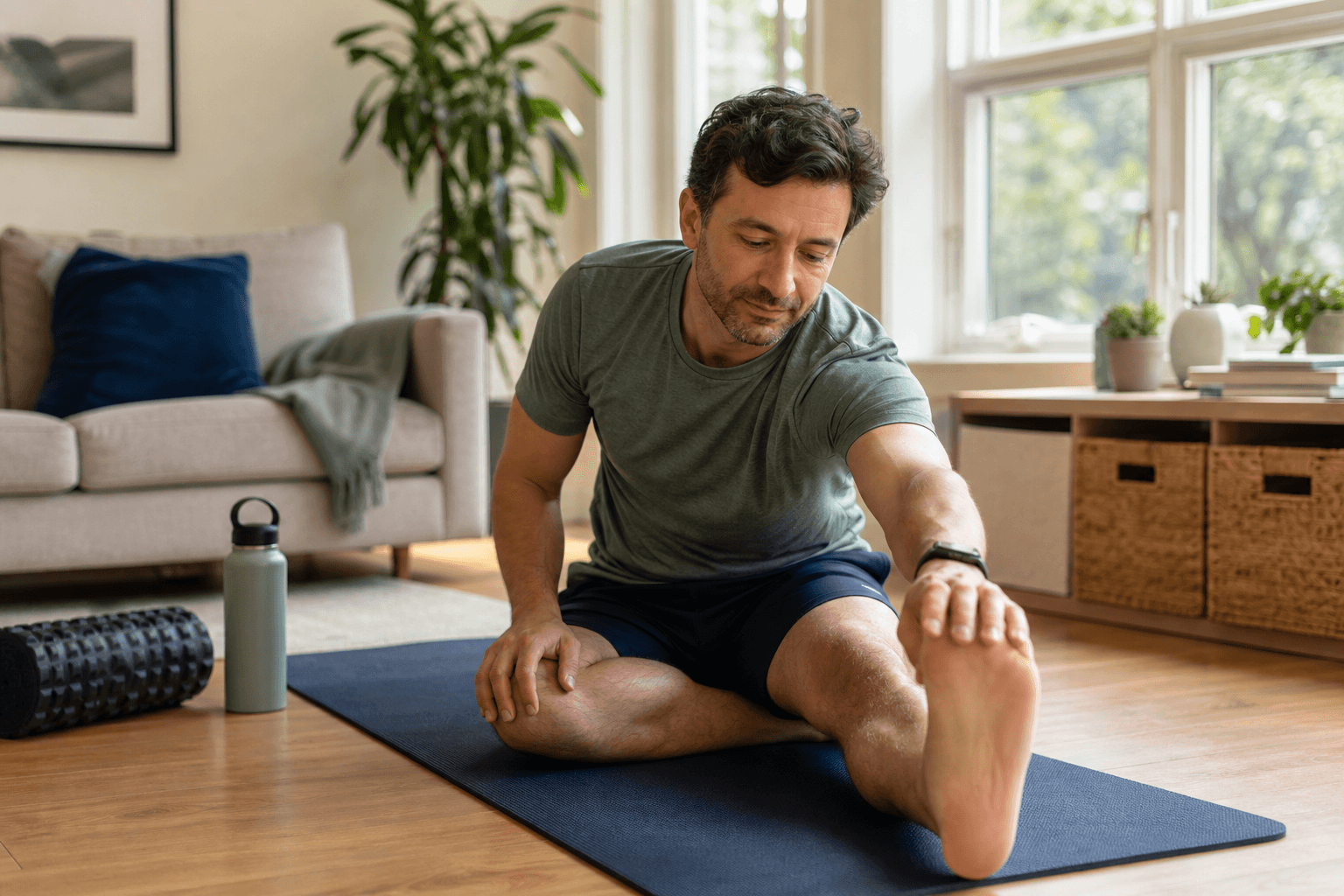 Adult stretching on a yoga mat in a calm living room