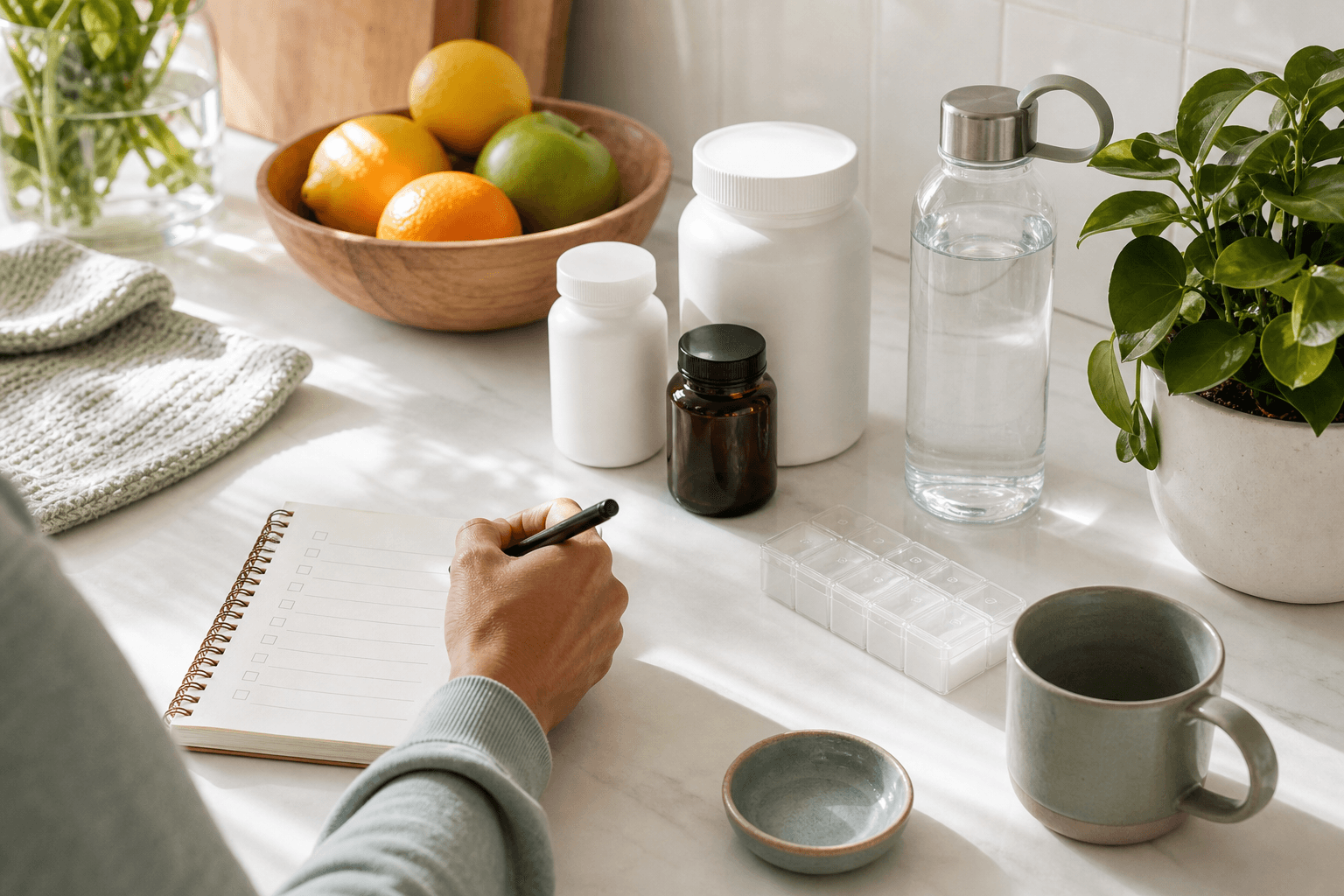 Morning vitamin routine with unbranded bottles, pill organizer, water, fruit, and checklist