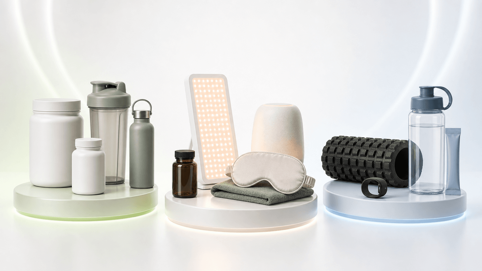Premium studio graphic of unbranded wellness bundle stacks for supplements, sleep, and recovery