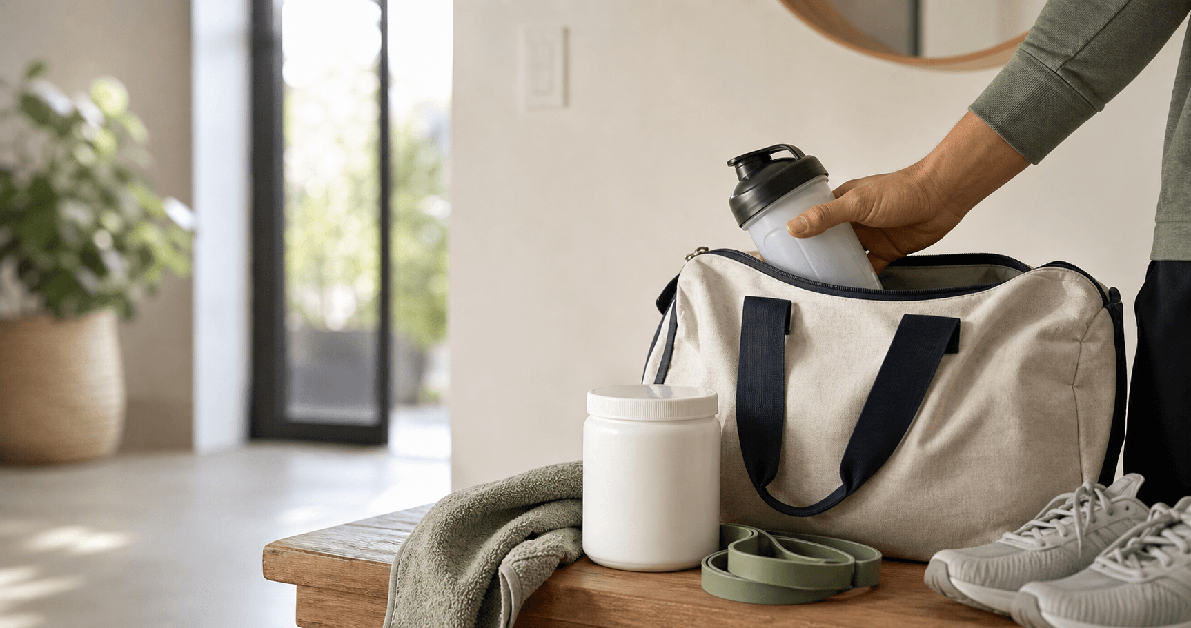 Unbranded creatine tub, shaker, gym bag, towel, and resistance band in a bright home entry
