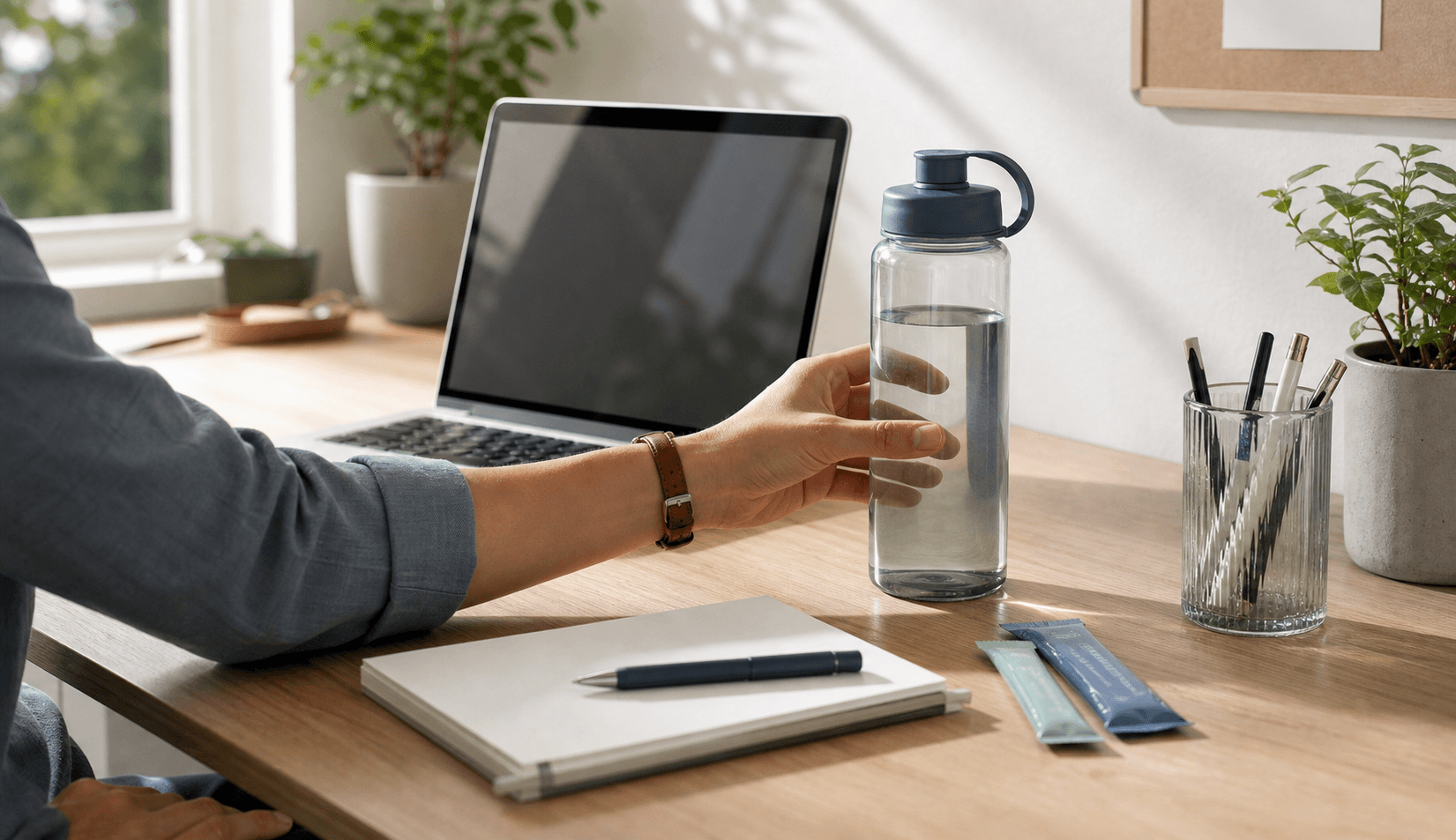 Work desk hydration routine with water bottle, electrolyte packets, notebook, and laptop