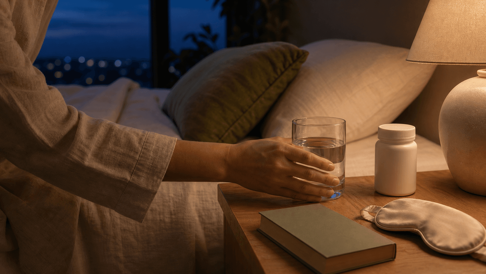 Evening nightstand with unbranded supplement bottle, water, sleep mask, and warm bedside light