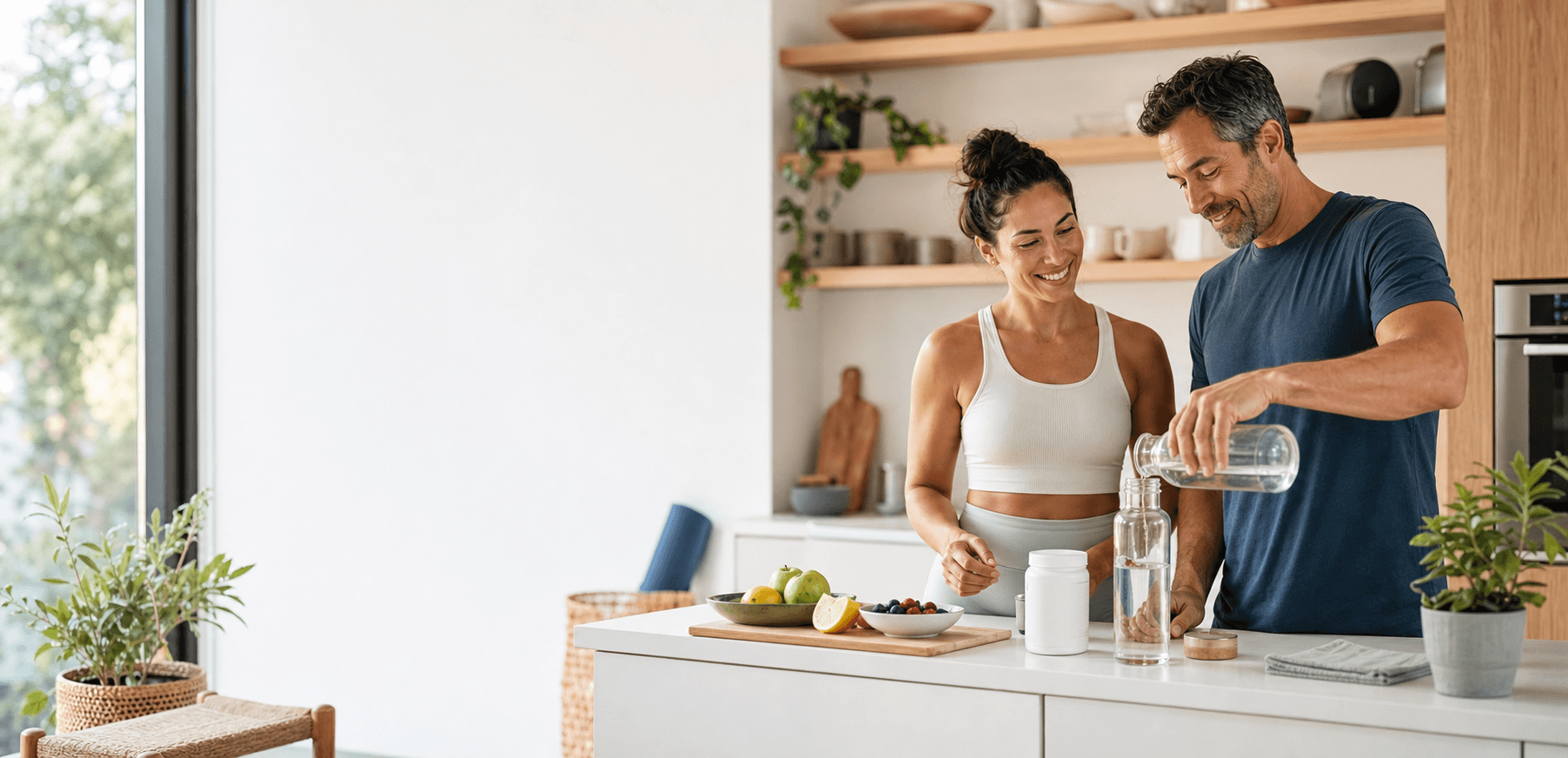Adults preparing a simple morning wellness routine in a bright kitchen