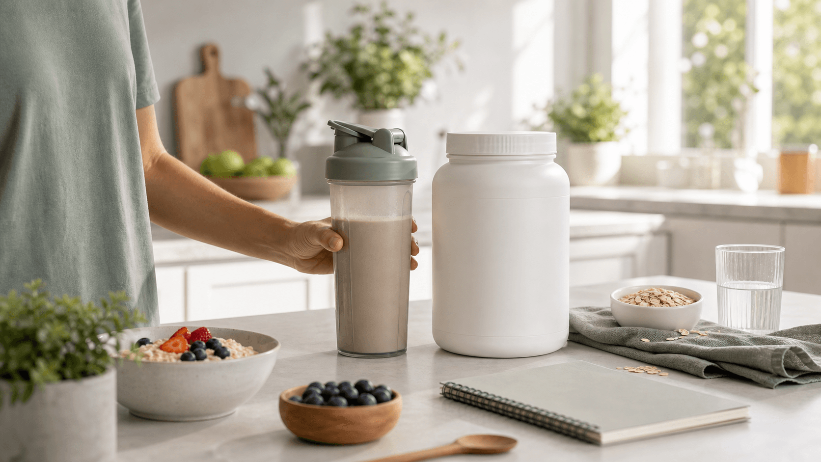 Unbranded protein powder and shaker bottle on a bright kitchen counter with fruit and oats