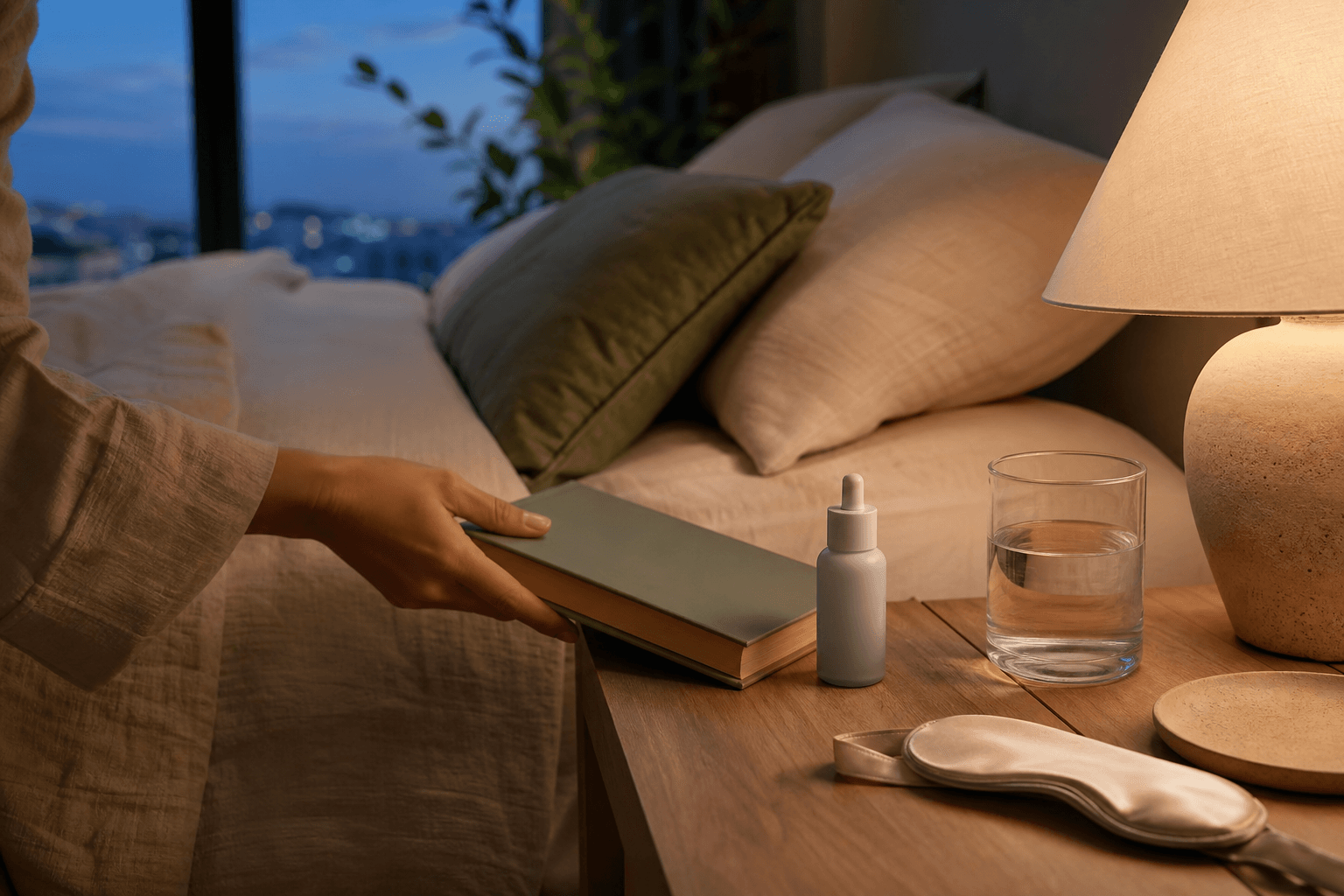 Cozy bedside sleep routine with a book, sleep mask, and water