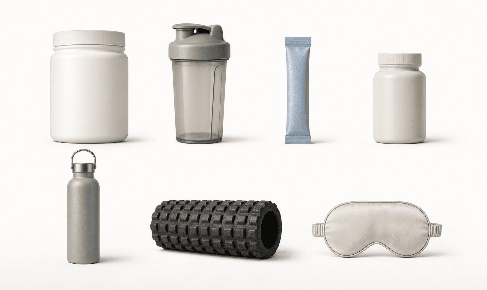 Minimal wellness starter kit with shaker, water bottle, supplements, foam roller, and sleep mask