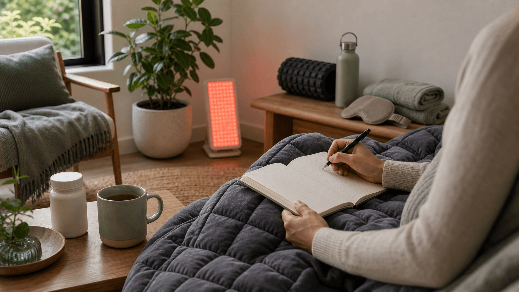 Adult journaling under a weighted blanket in a calm living room with relaxation products