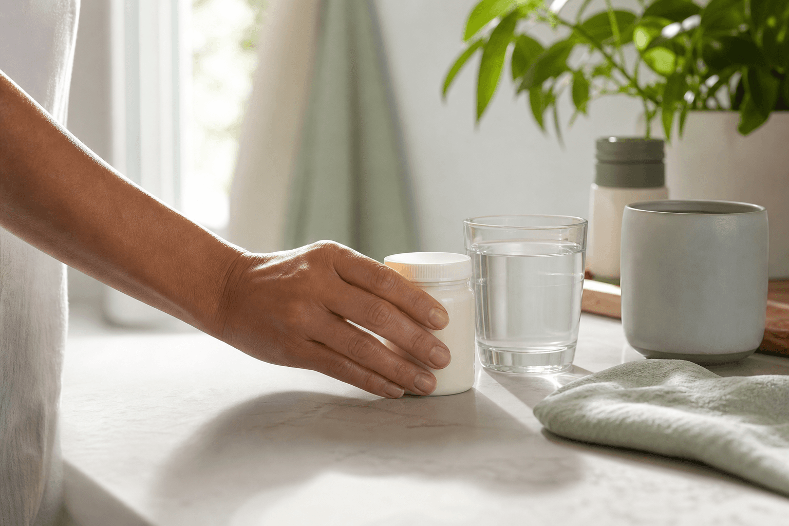 Unbranded supplement bottle beside water in soft morning light