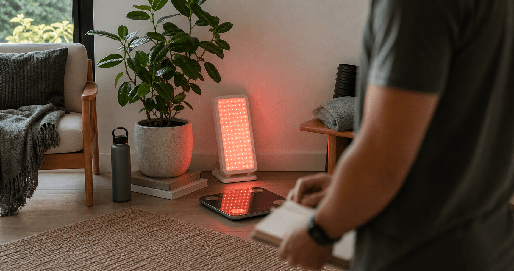Modern home wellness corner with red light panel, smart scale, water bottle, and recovery tools